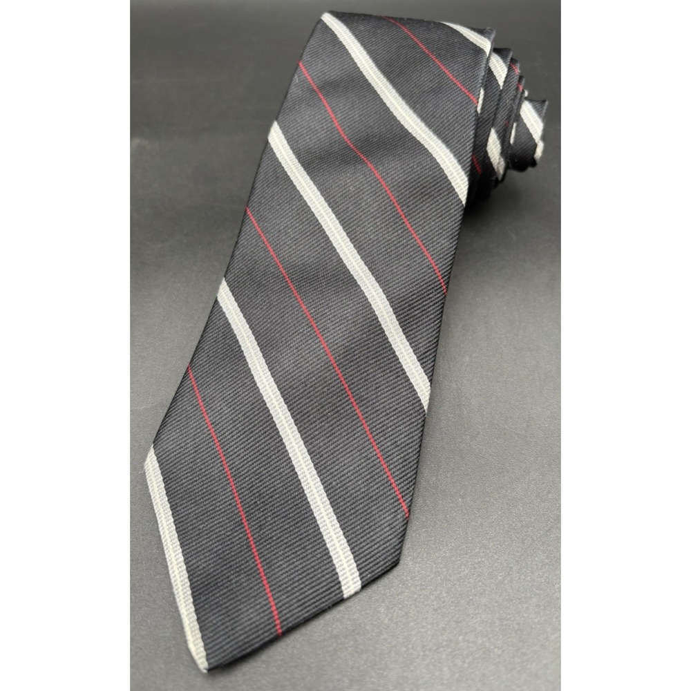 Vtg Men's REPP Tie 100% Silk Black Silver Red Strips Brownstone 56" x 3 1/2"